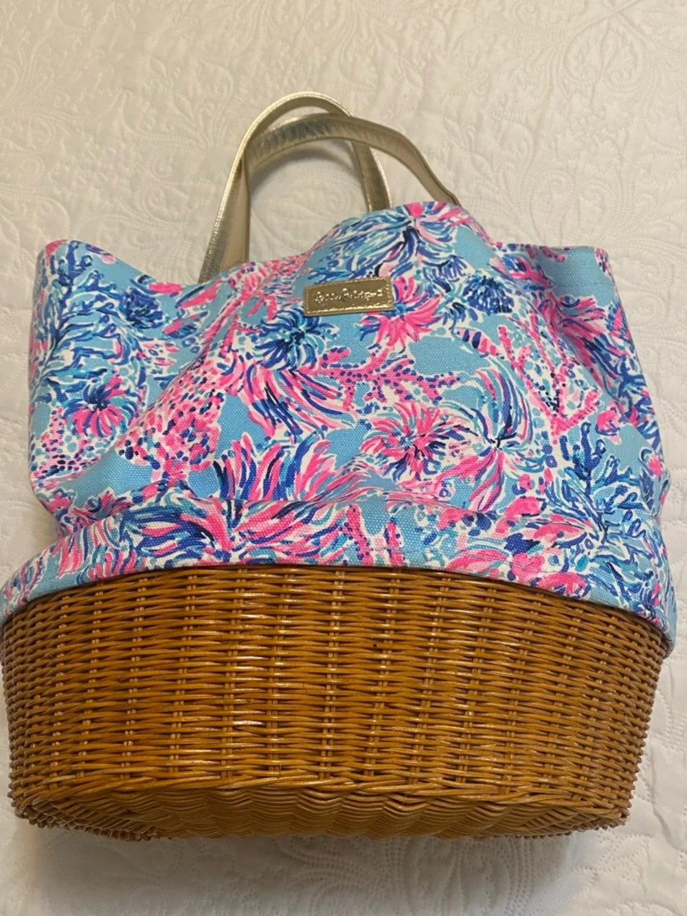 Lilly Pulitzer Canvas Wicker RARE Beach Tote Bag - Picture 8 of 15